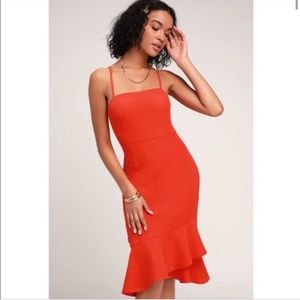 NWT LULU'S Irresistible Ways Orange Red Spaghetti Strap Ruffle Midi Dress Medium